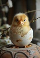 AI generated Cute little chick sitting in broken egg shell photo