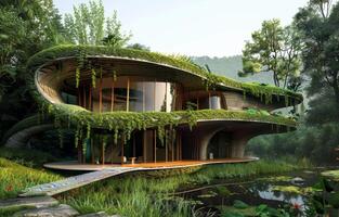 AI generated Eco house in the forest by the pond photo