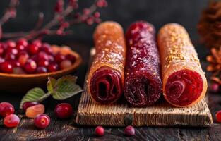 AI generated Handmade fruit pastilles. Homemade red sausage on wooden table photo