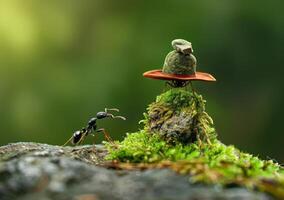 ai generado foto de un hormiga que lleva en sus espalda un sombrero hecho de Roca y musgo