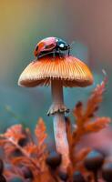 AI generated Ladybug and mushroom. A ladybug perched on the cap of an elegant mushroom photo