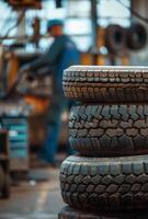 AI generated Tires for sale at tire store. Car tires are on the table in the garage. photo