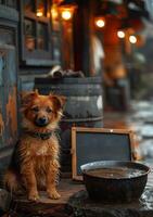 AI generated Small dog sits on wooden porch next to bowl and sign. photo