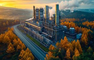 ai generado aéreo ver de grande petróleo refinería con hermosa otoño bosque foto