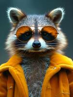 ai generado retrato de gracioso mapache en amarillo chaqueta Gafas de sol y atar. foto