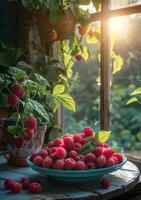 AI generated Raspberries in blue plate on wooden table in the rays of the sun photo