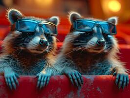 AI generated Two raccoons in glasses are sitting on red box photo