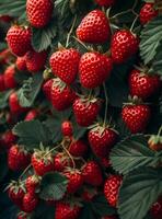 AI generated Closeup of strawberry plant with lots of ripe and unripe strawberries photo