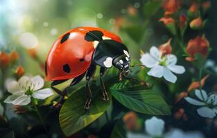 AI generated Ladybug on flower in the garden. photo