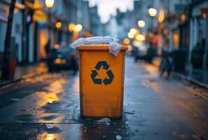 AI generated Yellow recycling bin sits on wet street with plastic bag sitting on top of it. photo