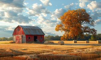 AI generated Red barn and hay bales sit in field on sunny autumn day. photo