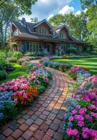 AI generated Brick pathway winds through colorful flower garden in front of house. photo