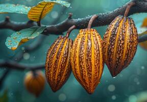 ai generado cacao frutas colgando en el árbol Fresco cacao vaina cortar exposición cacao semillas con agua gotas foto