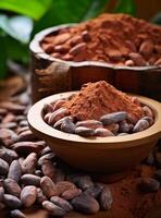 AI generated Cocoa powder and cocoa beans on the wooden table photo