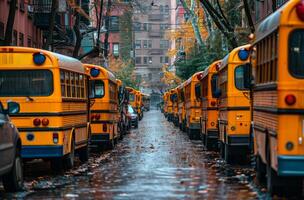 AI generated School buses parked on the side of the road photo