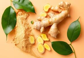 AI generated Fresh ginger root lemon and green leaves on light orange background photo