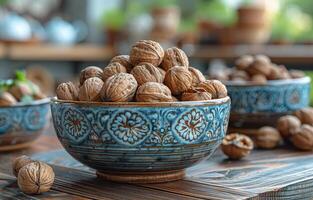 AI generated Walnuts in ceramic bowl on wooden table photo