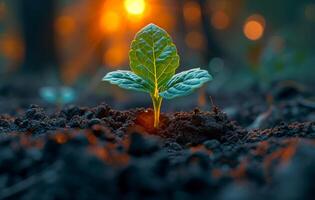 AI generated Young plant growing in the morning light and colorful sky photo