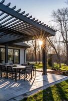 AI generated Pergola and outdoor dining table on patio photo