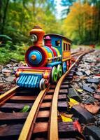 AI generated Toy train running on the tracks in the forest photo