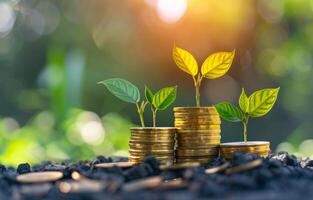 AI generated A stack of gold coins with green leaves growing from the top photo