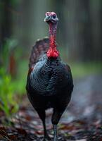 AI generated Wild turkey is seen in the rain in the woods. photo