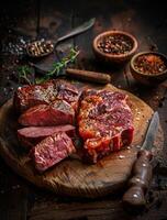 AI generated Succulent thick juicy portions of grilled fillet steak seasoned with mix of fresh herbs photo