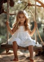 AI generated Beautiful little girl is swinging on swing in the forest photo
