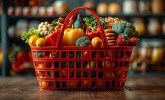 ai generado Fresco orgánico vegetales en compras cesta foto