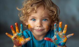 AI generated Little boy shows his palms with paint. A little baby boy with colorful painted hands photo