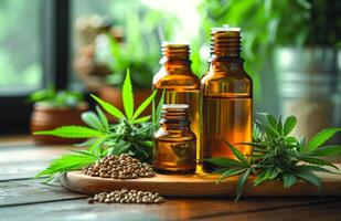 AI generated CBD oil and hemp on table. Cannabis oil photo