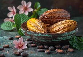 AI generated Cocoa beans and cocoa pod in bowl flowers and leaves of cocoa tree on dark background photo