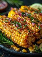 AI generated Grilled corn on the cob with herbs and spices photo