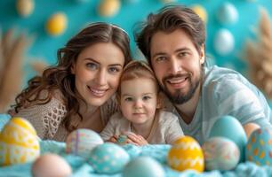 ai generado contento familia es preparando para Pascua de Resurrección celebracion. madre padre y su pequeño hija son pintura huevos. foto