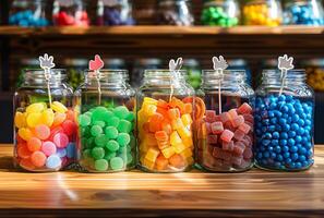 AI generated Colorful candies in glass jars on wooden table photo