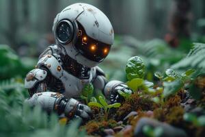 ai generado cyborg en bosque con plantas artificial inteligencia y robótica concepto foto