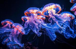 AI generated Colorful jellyfish in the dark ocean photo