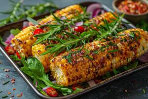 AI generated Grilled corn on the cob with fresh herbs and spices photo