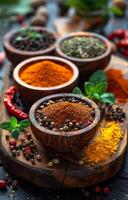 AI generated Various spices in wooden bowl on black wooden background photo
