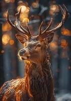 ai generado retrato de noble ciervo con grande cuernos y hermosa grande ojos en el invierno bosque foto