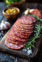 AI generated Slices of salami with rosemary and garlic on the wooden board photo