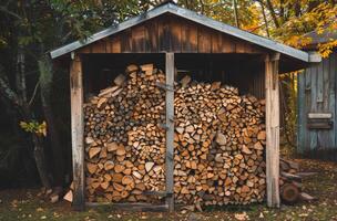 AI generated Shed is filled with firewood. A photo of firewood stacked in an outdoor shed