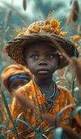 AI generated Little child in field. A baby boy in background photo