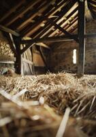 AI generated Straw bales in barn. A close-up photo of hay in an old barn