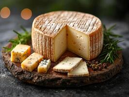 AI generated Different types of cheese on wooden board photo