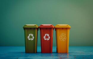 AI generated Three trash cans in row isolated on green background photo