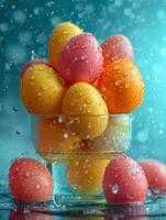 ai generado vistoso Pascua de Resurrección huevos en vaso cuenco con agua gotas. un manojo de de colores huevos en lentes foto