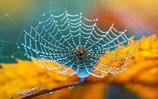 ai generado araña en el web. araña web con Rocío gotas en vistoso follaje foto