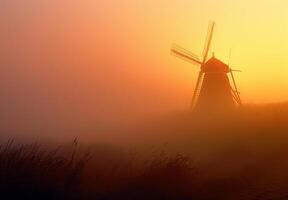 ai generado molino en el neblina. un amarillo molino sube desde un brumoso campo foto