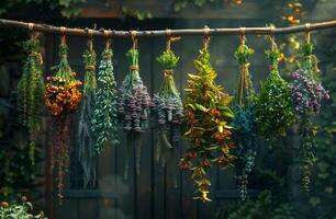 AI generated Dried herbs and flowers hanging on the rope photo